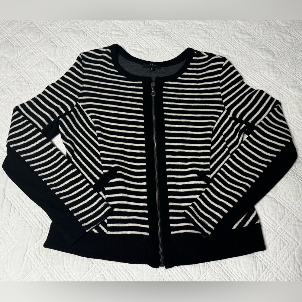DREW Black & White Zip Up Cardigan Sweater Jacket Size Large